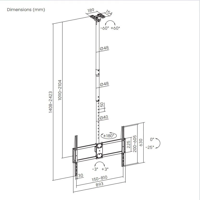 Soporte de Techo  para TVs Grandes de Alta Carga  50" a 100" - 80KG  Inclinable Sbrp1568XL  Brasforma