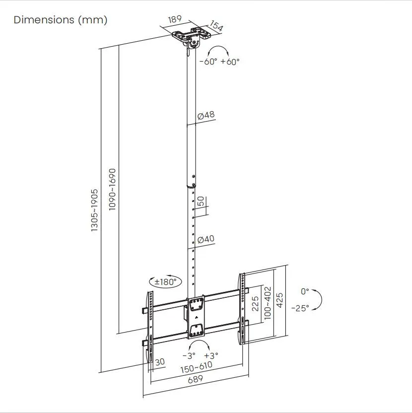 Soporte de TV para Techo  43" a 86" -  Inclinable 360°  60kg   SBRP1546L  BRASFORMA