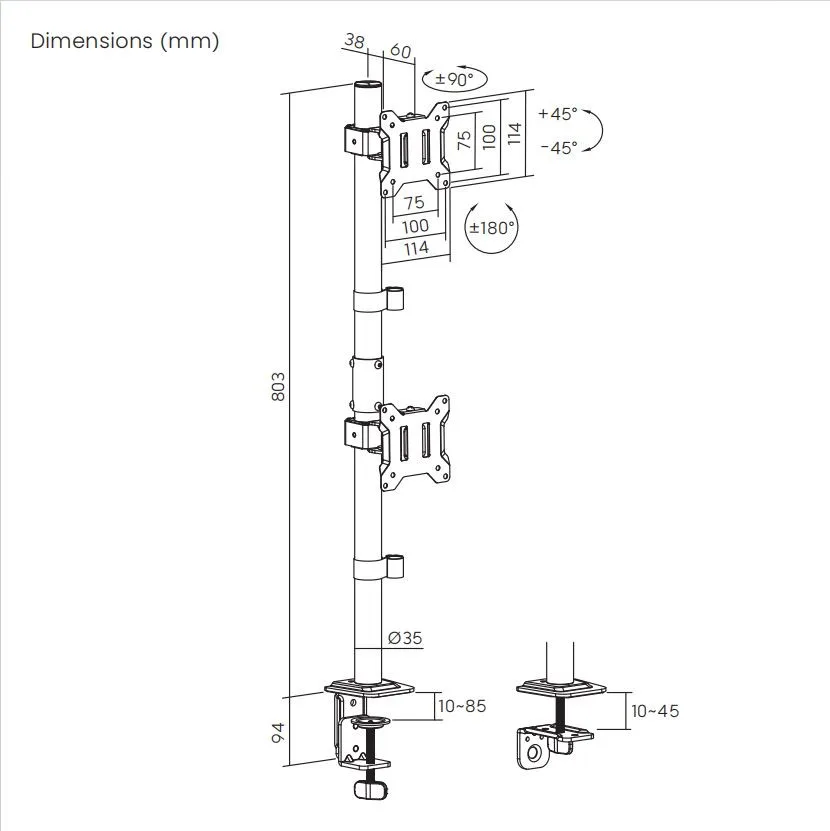 Soporte para 2 monitores 17" a 32" en Vertical  20kg  360° - BM725 Brasforma