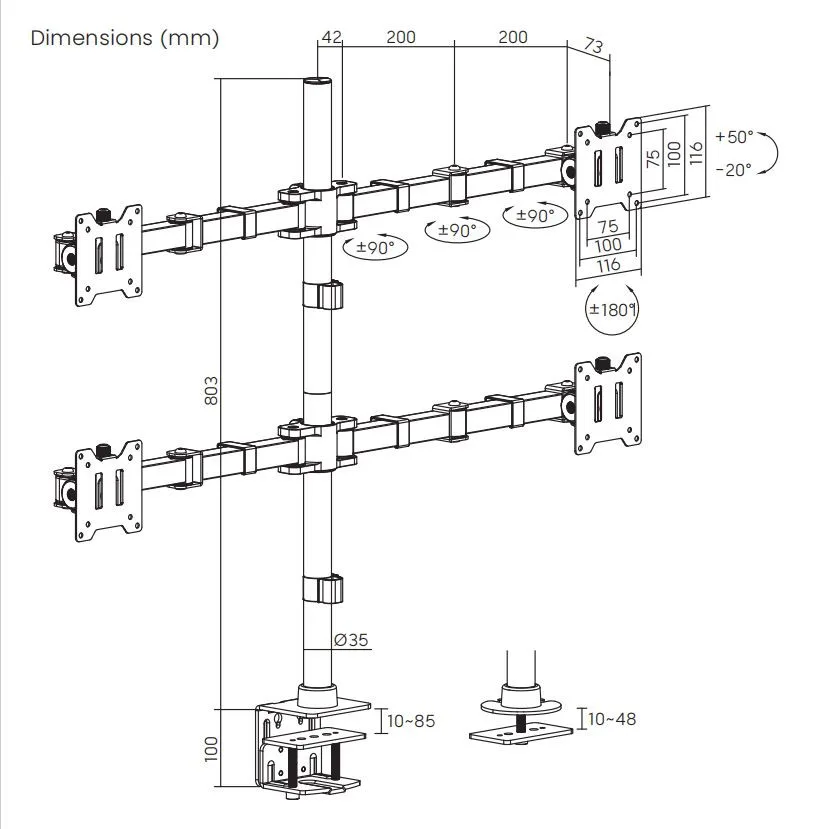 Soporte para 4 Monitores  de Alta Carga  17" a 35"  60kg  SBRM741 - Brasforma