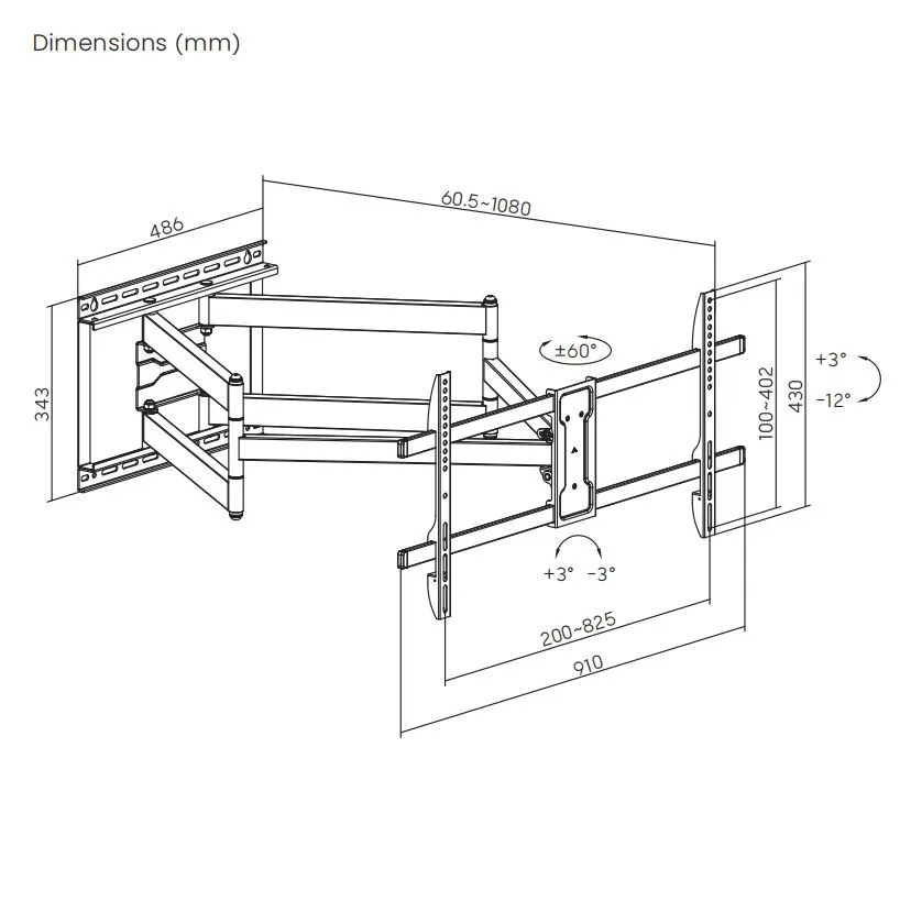 Soporte para TV con doble Brazo de 1.08m  43" a 90"  60kg - sbrp84-486XL  Brasforma