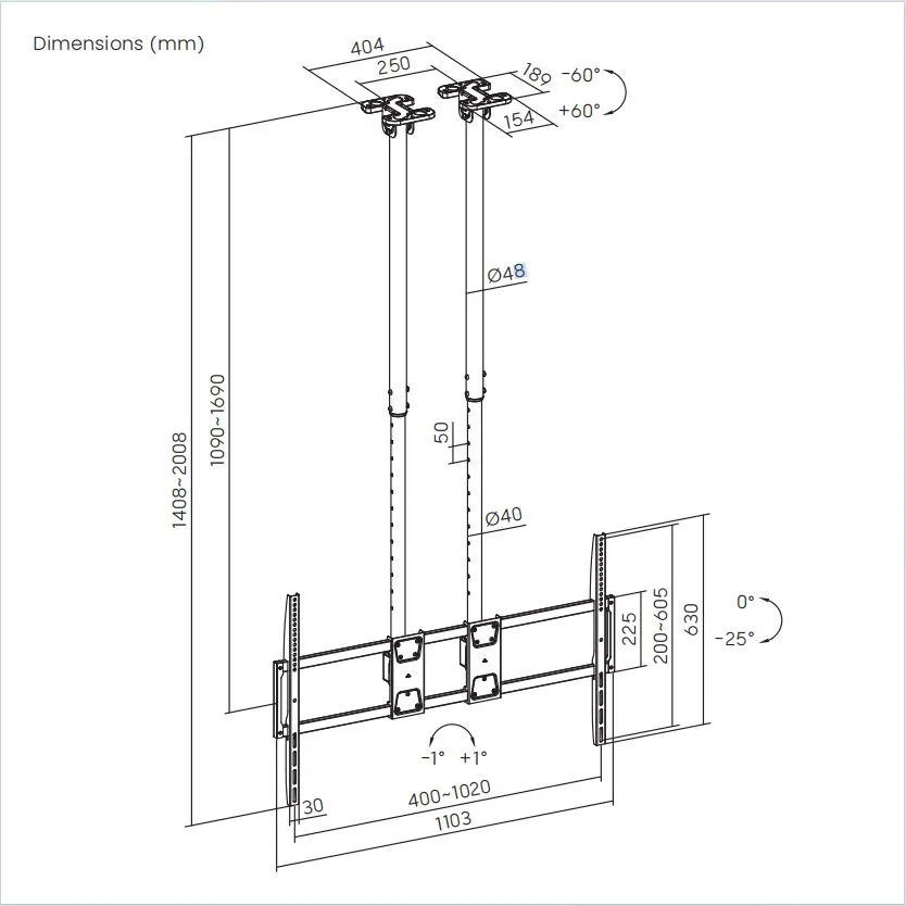Soporte para TV Grande de Alta carga para Techo 60" a 120" 120kg  Doble Tubo  SBRP15610L Brasforma