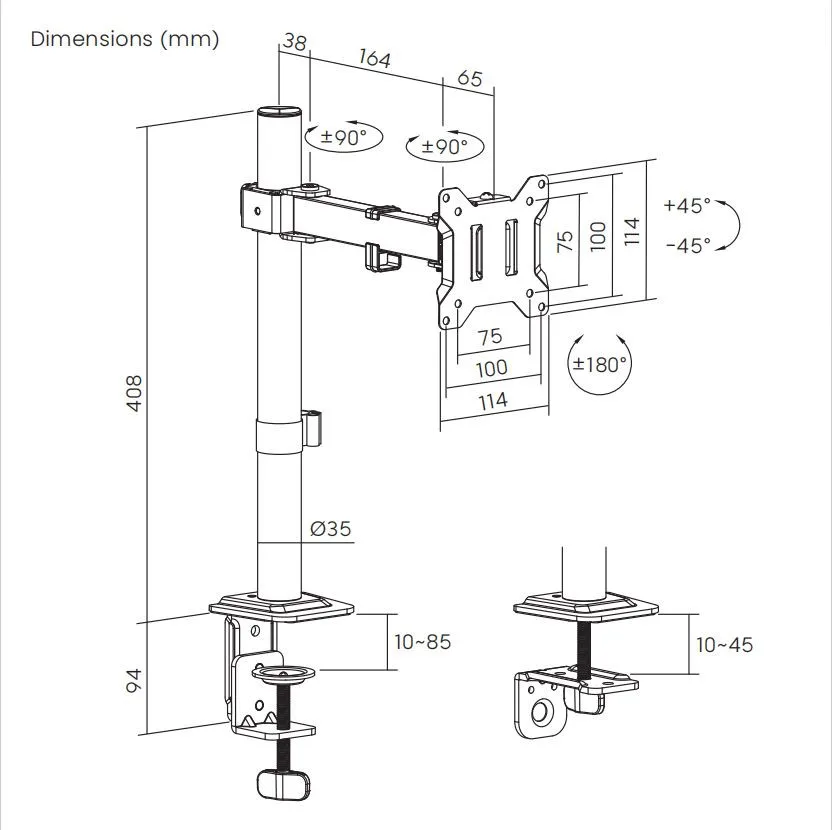 Soporte para Monitor con Brazo de 17″ a 32” - 360°  Mariposa y Ojal - BM711-  Brasforma