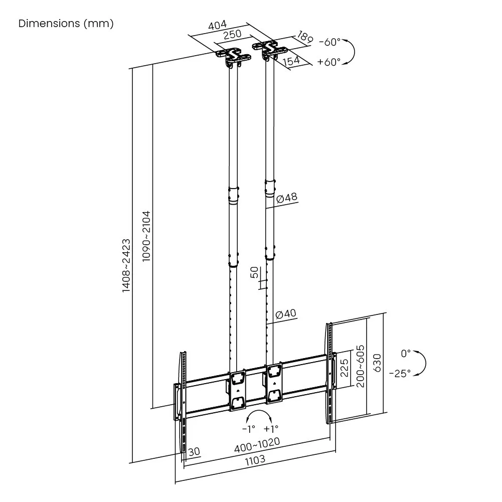 Soporte para TV Grande con carga pesada de Techo con doble Tubo  60"~120" 120kg Brasforma SBRP15610XL