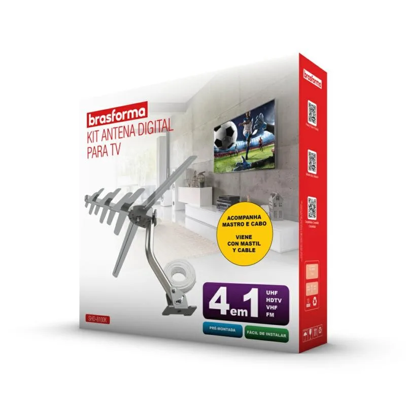 Antena HD 8dbi  4en1 HD - FM + mastil + 16mts de cable - SHD-8100K BRASFORMA