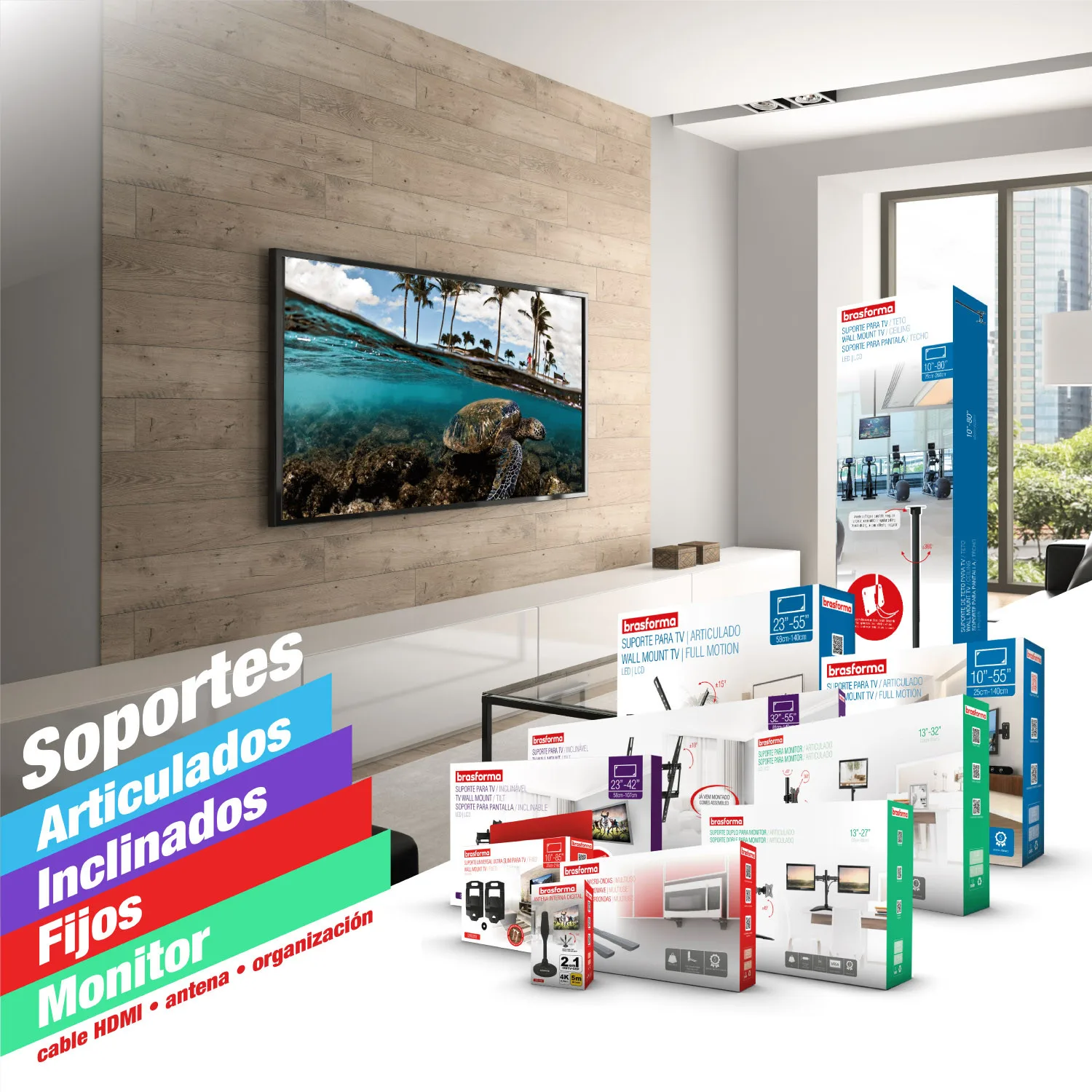 Soporte TV con Brazo de 47cm  37" a 85"  40kg  Inclinable  SBRP2445   Brasforma